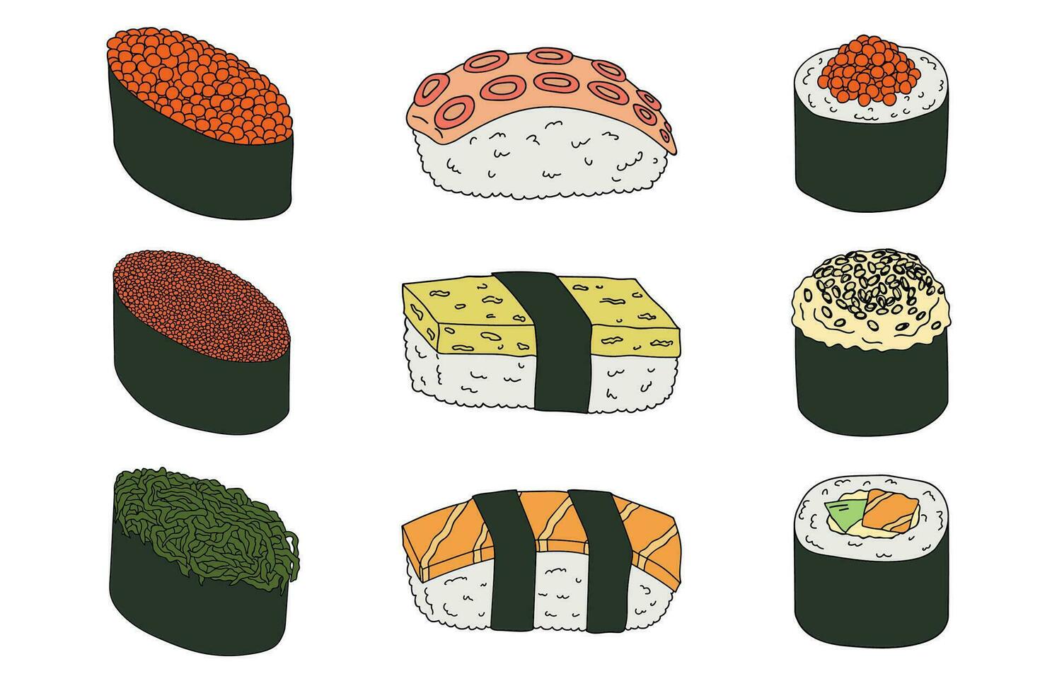 conjunto de clipart de rolo de sushi desenhado à mão. pratos da cozinha tradicional japonesa. comida asiática vetor