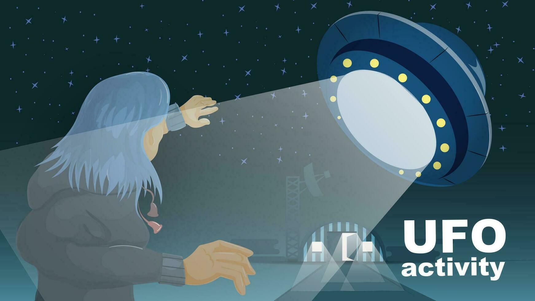 plano ilustração uma menina com azul cabelo cobre dela face a partir de a luz chegando a partir de uma vôo UFO vetor