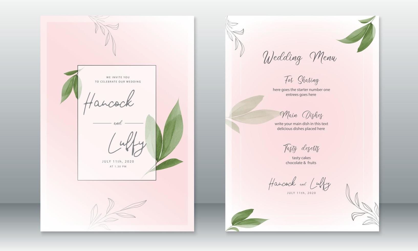 cartão de convite de casamento fundo rosa com folha verde vetor