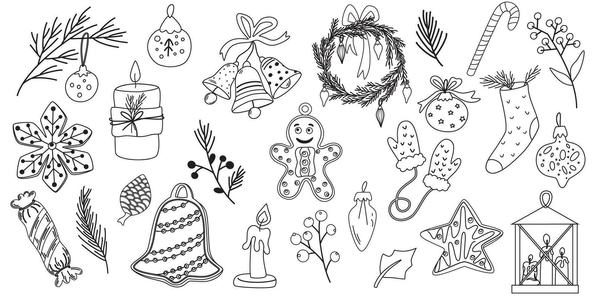 rabisco Novo ano fofa caneta linha elementos definir. rabisco Natal biscoito, sinos, brinquedos, pele árvore, brilhar decoração símbolo conjunto ícone. mão desenhar vetor ilustração