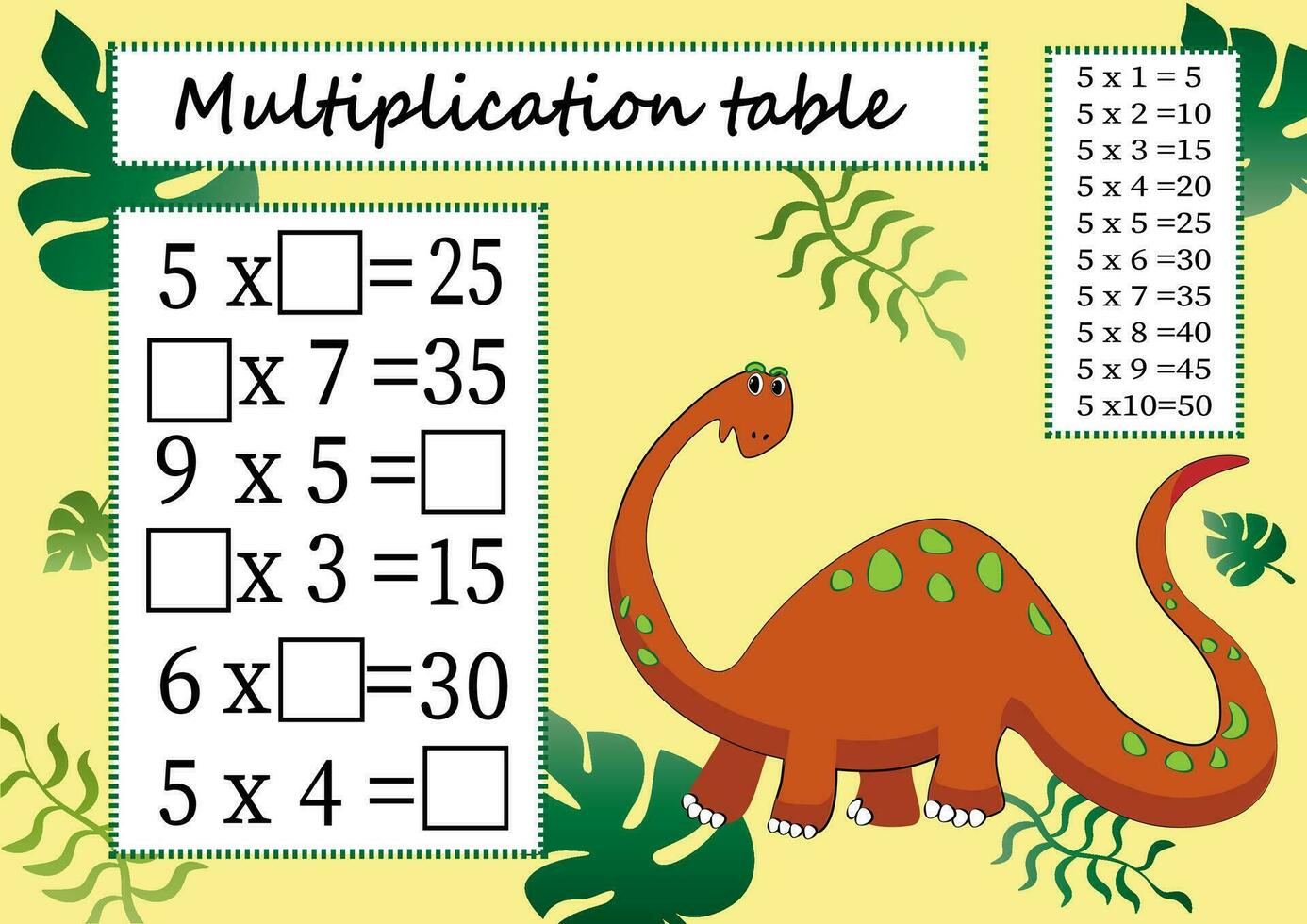 multiplicação mesa de 5 com uma tarefa para consolidar a conhecimento do multiplicação. colorida desenho animado multiplicação mesa vetor para ensino matemática. dinossauros eps10