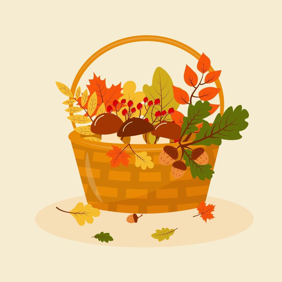 cesta de outono com cogumelos, folhas, sorveira e bolotas. vetor