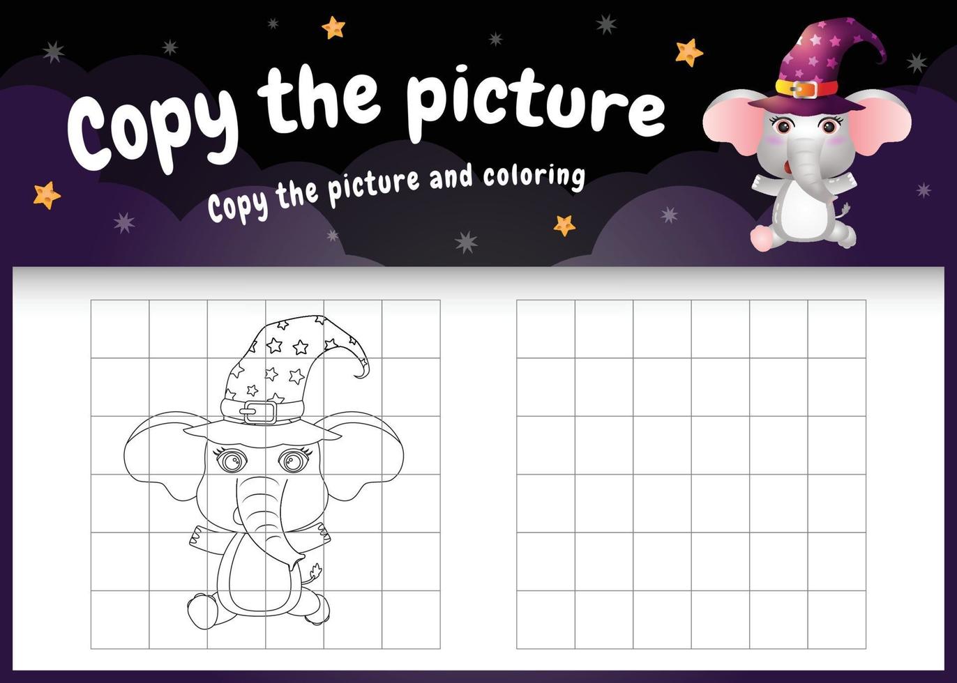 copie o jogo de crianças e a página para colorir com um elefante fofo vetor
