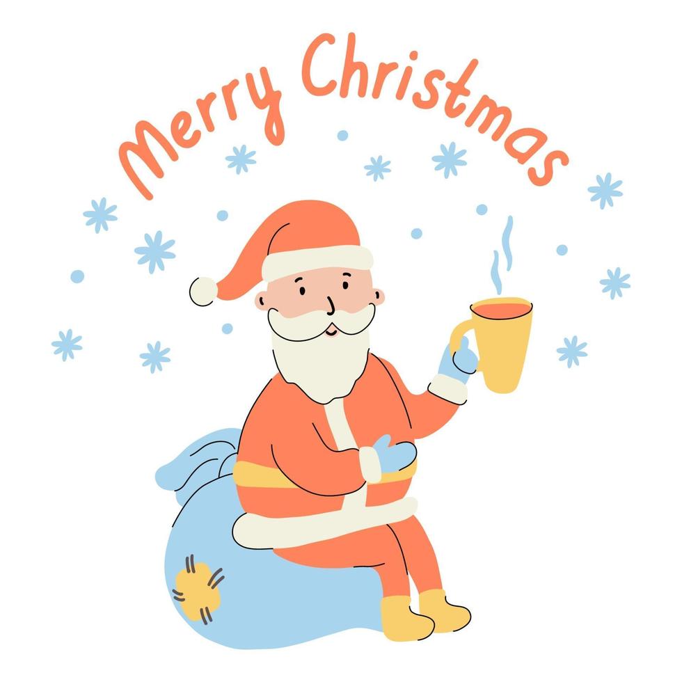 cartão de feliz natal com o papai noel bebendo chá vetor