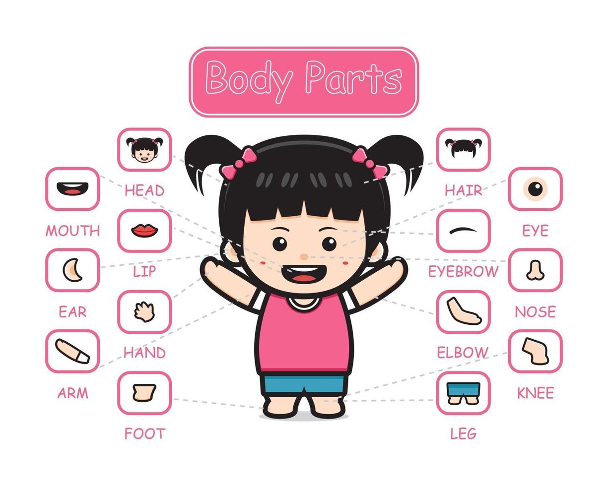 ilustração do ícone dos desenhos animados feliz criança fofa menina parte do corpo anatomia vetor
