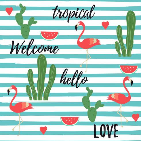 Fundo tropical com flamingos, melancia, cactos e folhas da selva tropical vetor