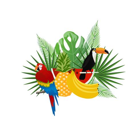 Fundo tropical com tucano, papagaio e frutas vetor