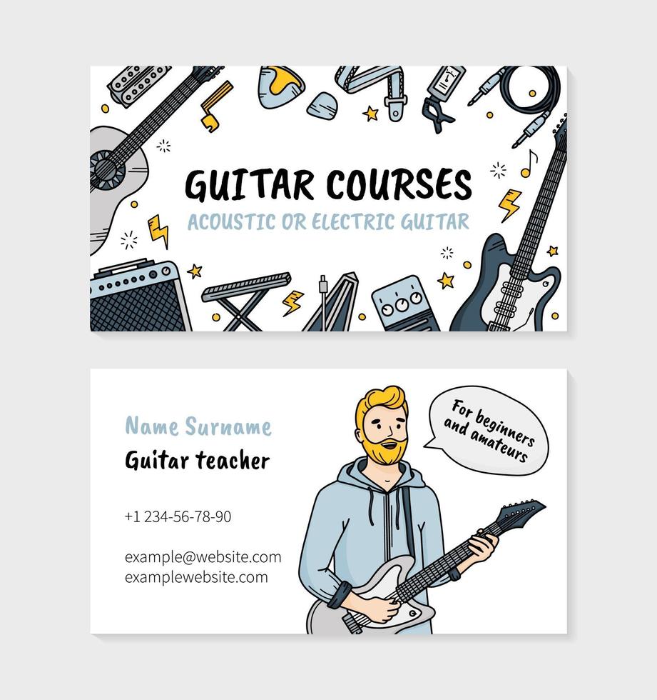 cursos de guitarra ou cartão de visita do doodle da escola de música vetor