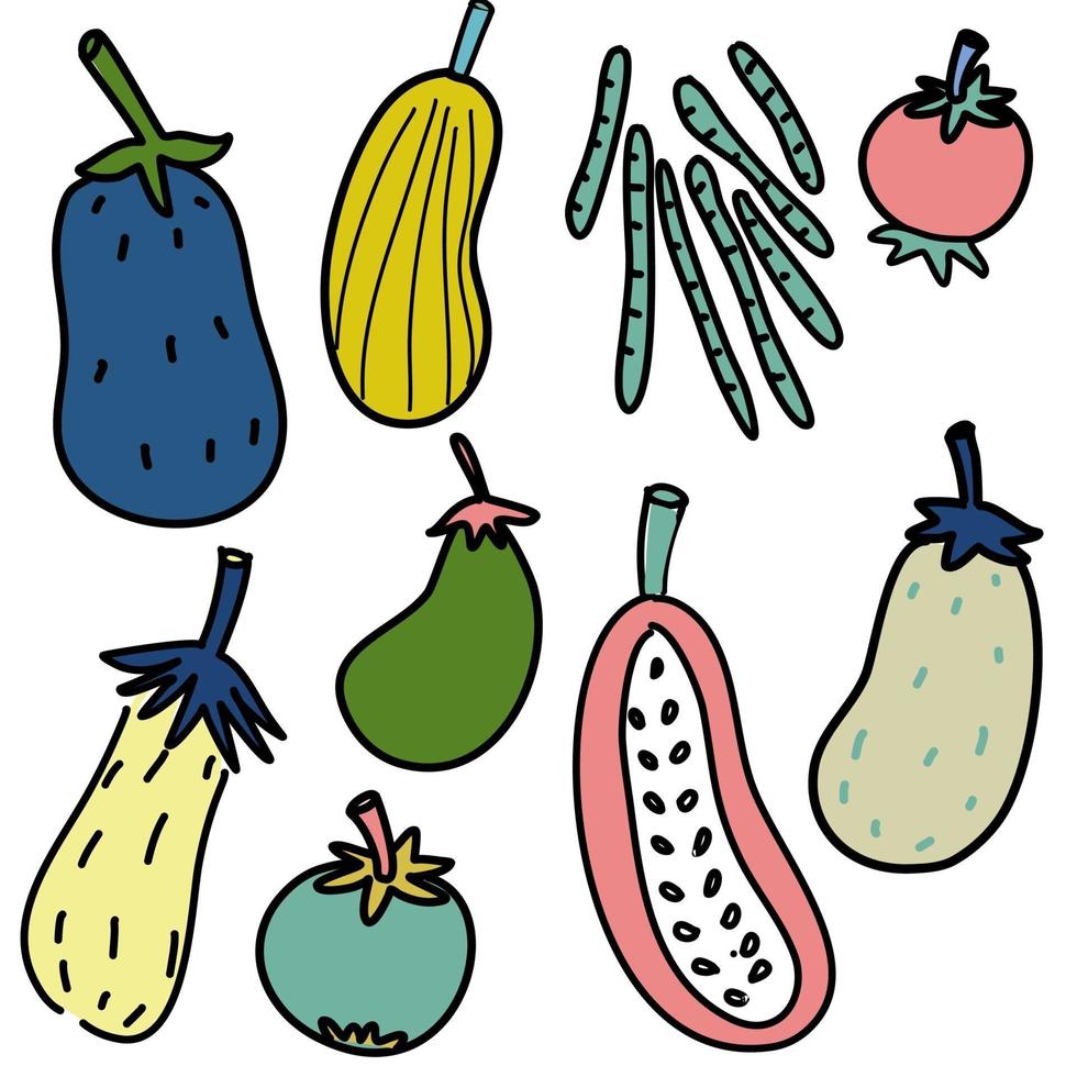 conjunto de ícone de desenho animado desenhado à mão vegetal vetor de cor fresca