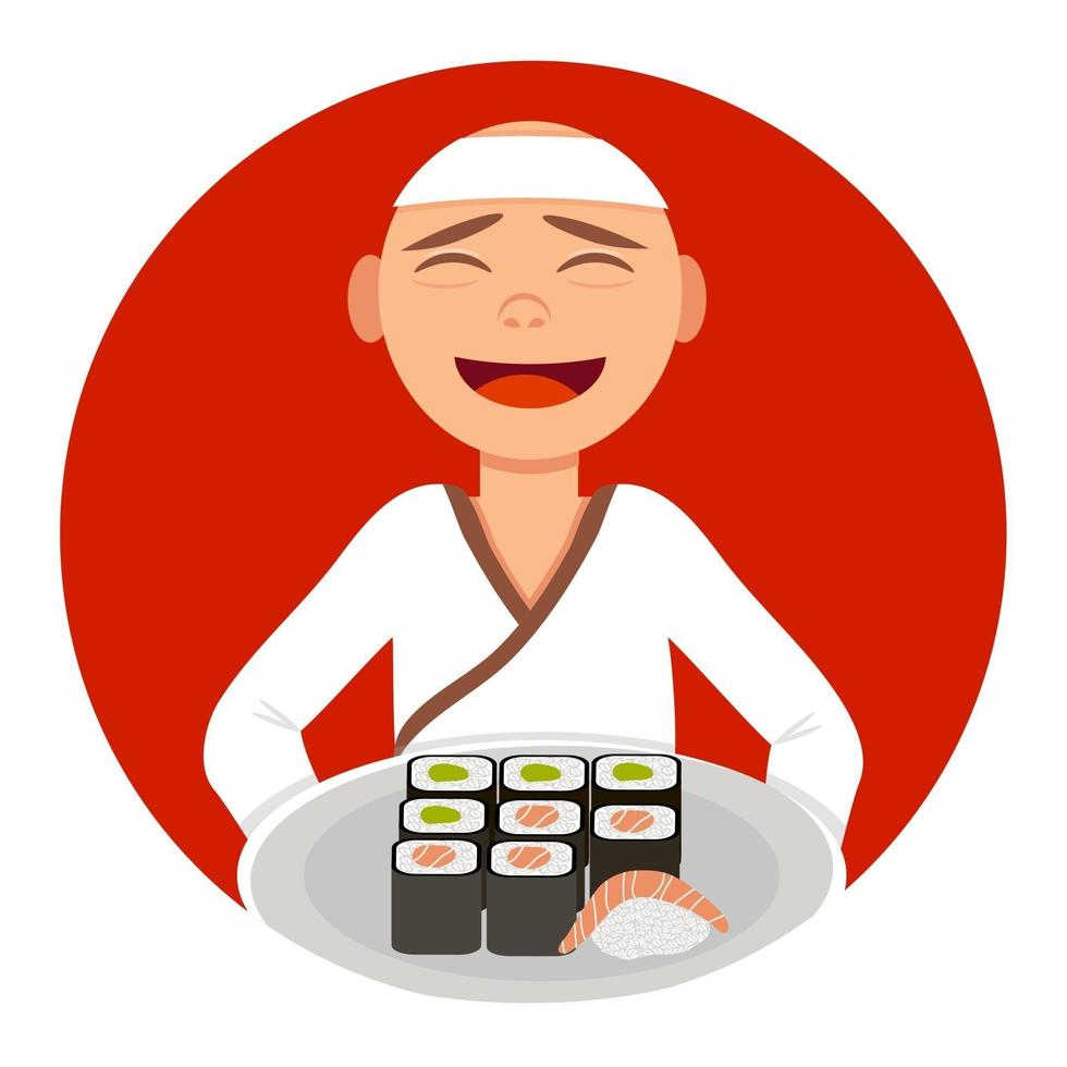 cozinhe o sushi master com um prato de pãezinhos e sushi vetor