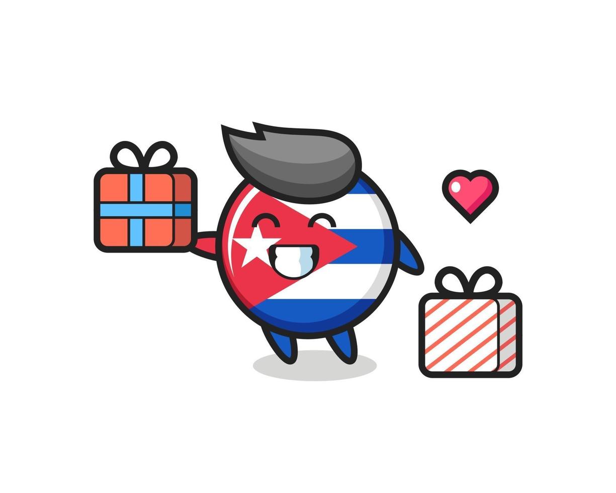desenho animado do mascote do emblema da bandeira de cuba dando o presente vetor