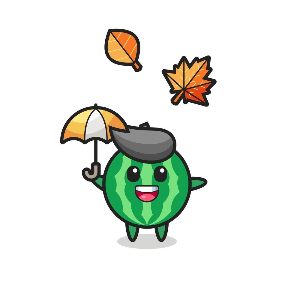 desenho animado da melancia fofa segurando um guarda-chuva no outono vetor