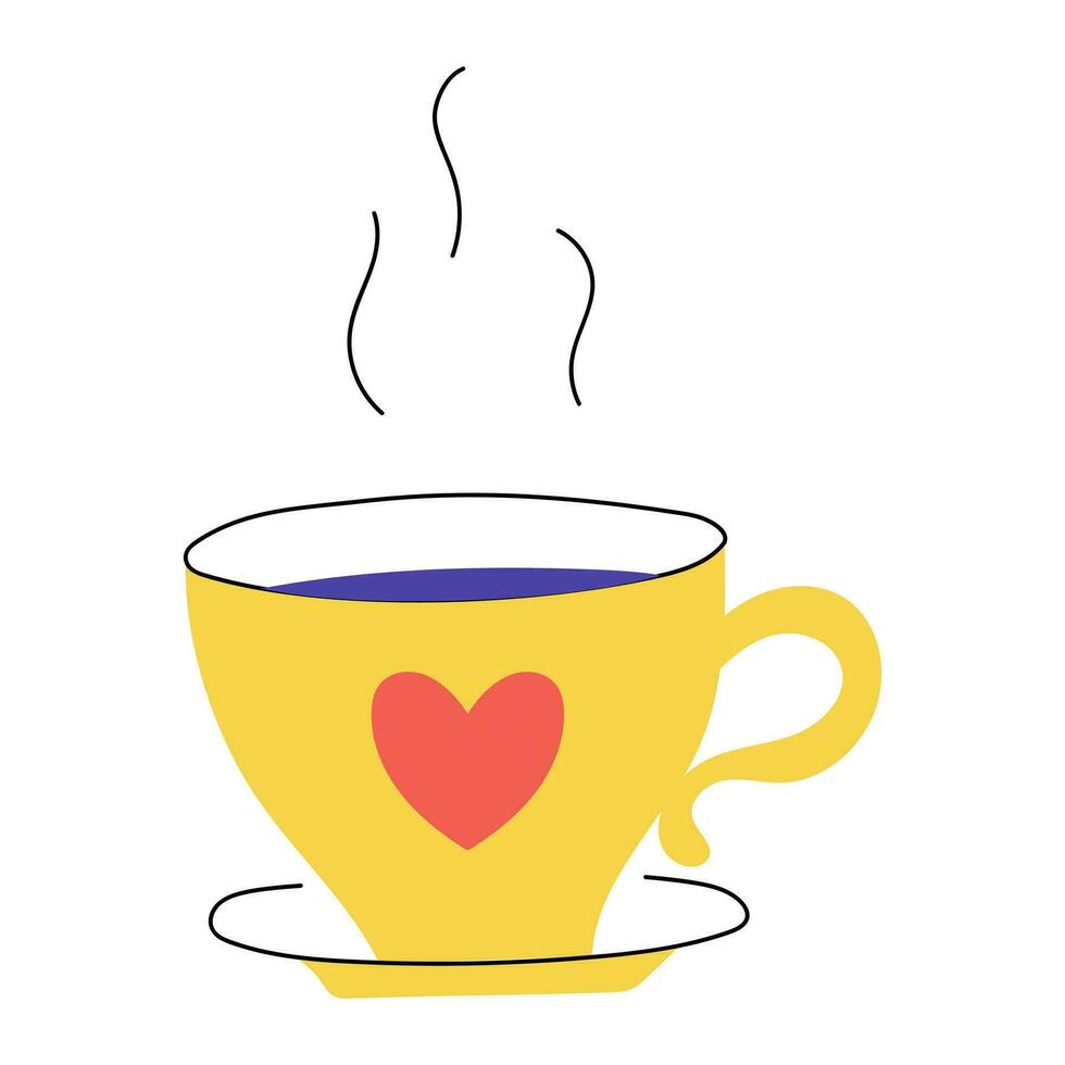 mão desenhado copo do chá. quente bebida. caneca com coração. brilhante decorativo elemento. cor plano vetor ilustração isolado em uma branco fundo.