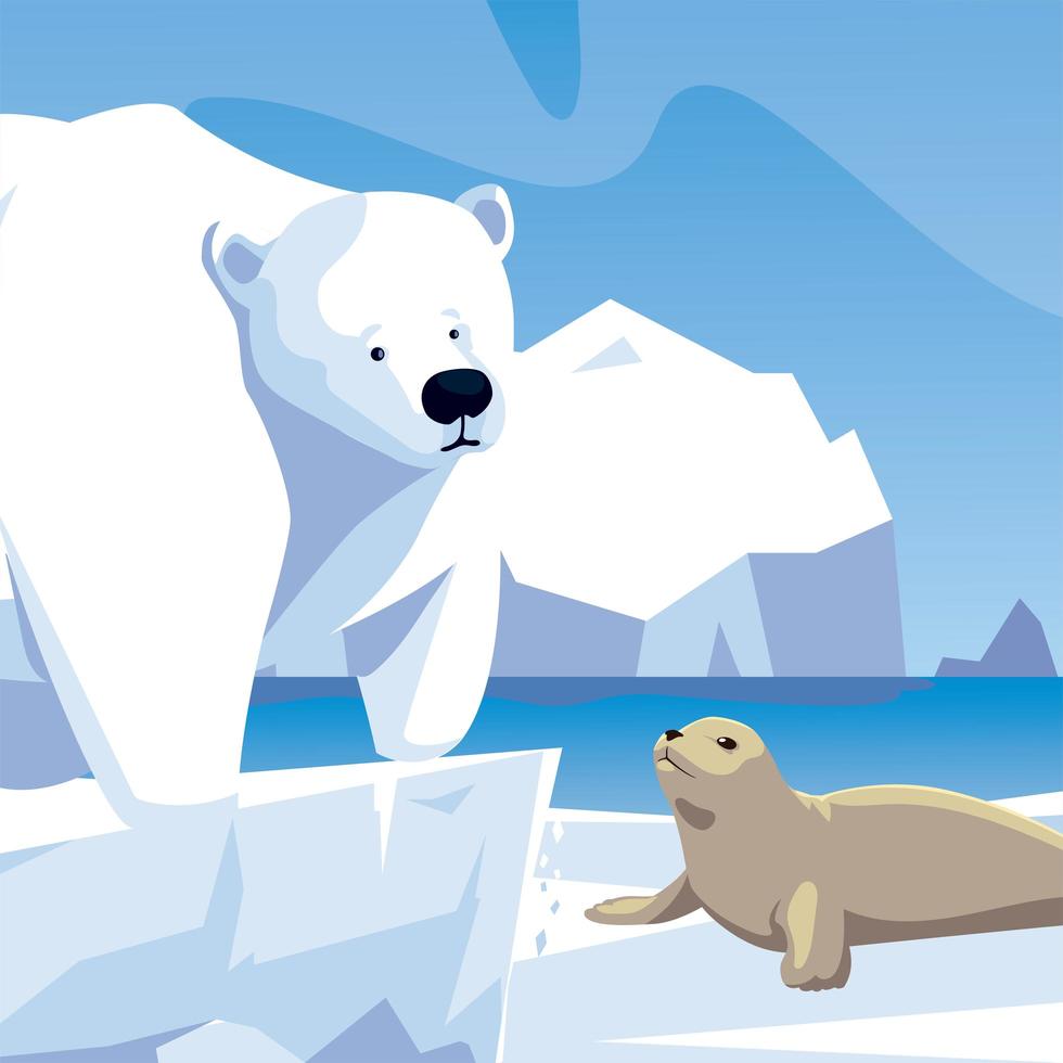 urso polar e animais-foca iceberg do pólo norte vetor