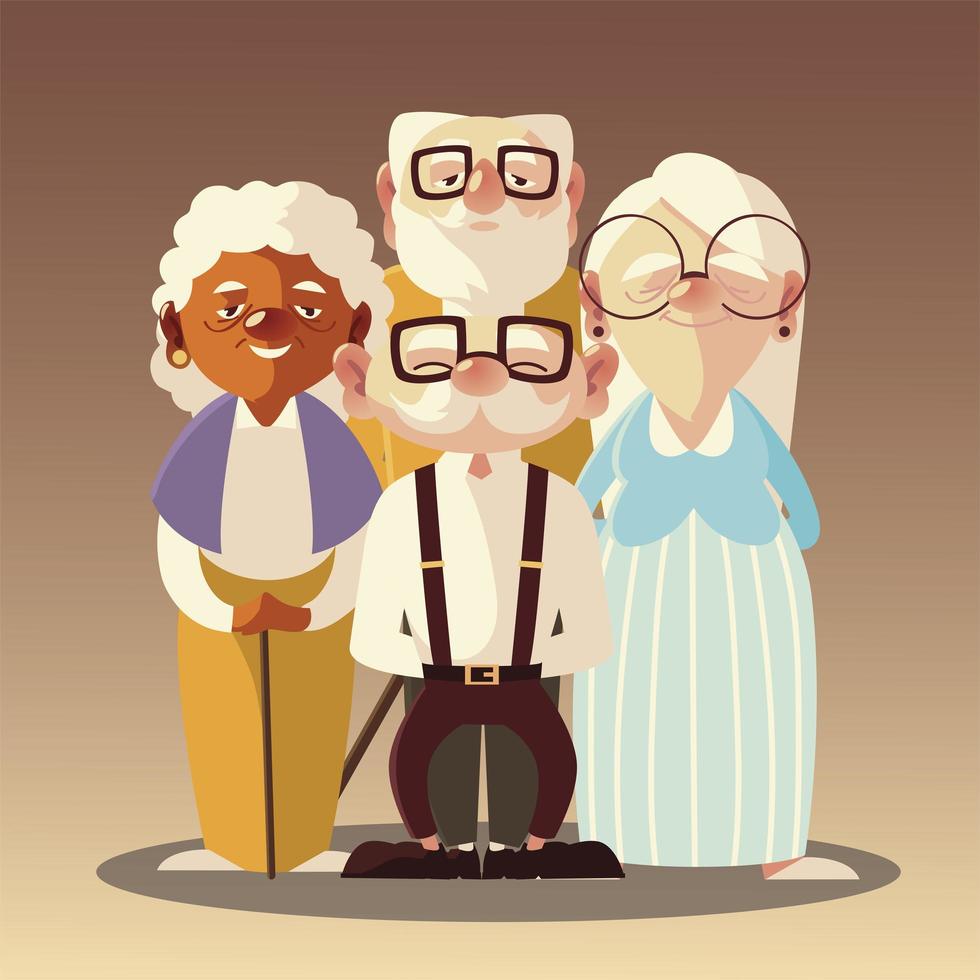 desenhos animados de idosos, velhos e mulheres com óculos e bengala vetor