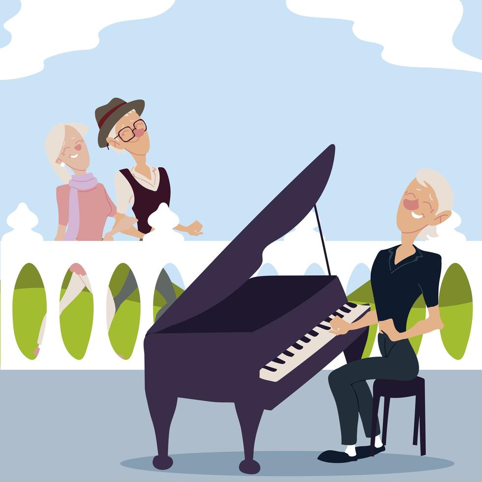 idosos ativos, um casal de idosos caminhando e uma idosa tocando piano vetor