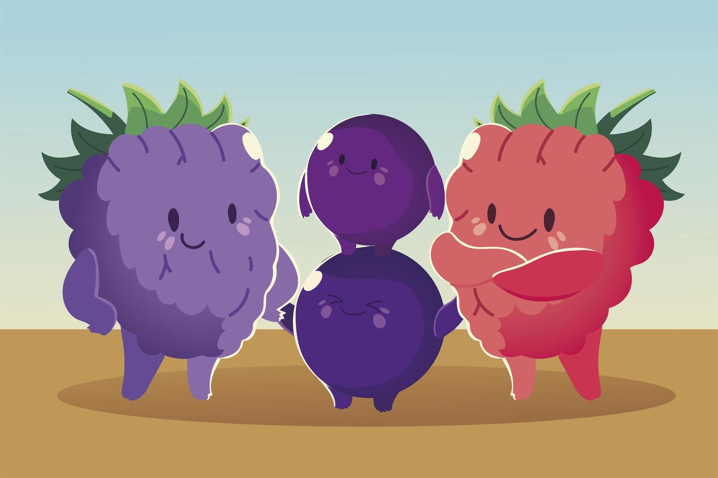 frutas kawaii cara engraçada felicidade amora uva e morango vetor