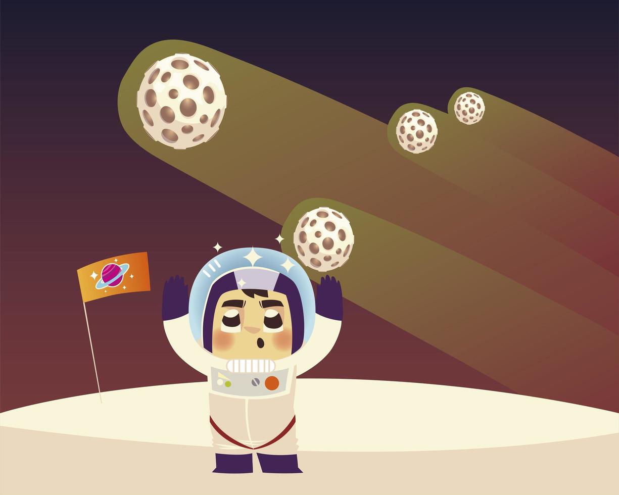 astronauta espacial, personagem, bandeira, planetas, e, cometa, desenho vetor