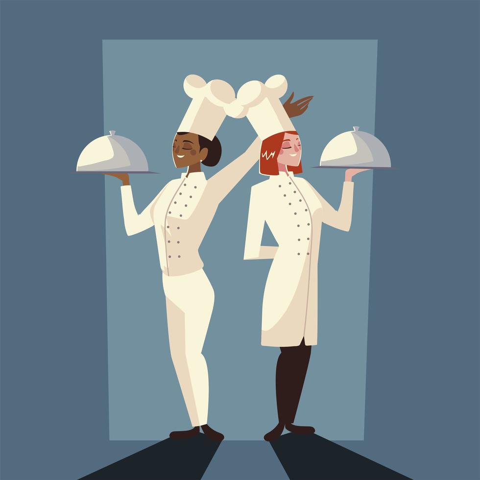 cozinheiras seguram prato de restaurante profissional com design de sombra vetor
