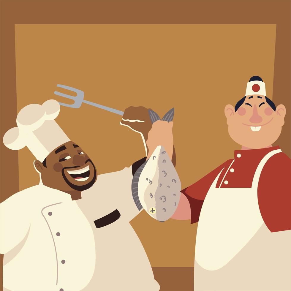 chefs com garfo e peixe trabalhador restaurante profissional vetor