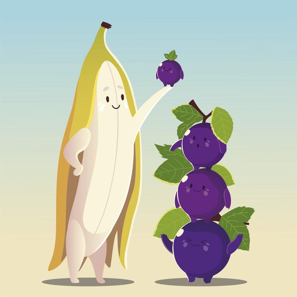 frutas kawaii cara engraçada felicidade lindas uvas com banana vetor