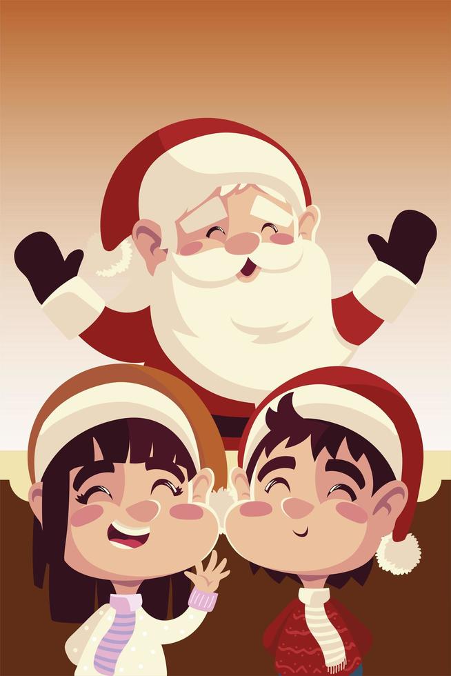 Feliz Natal Papai Noel fofo com desenho de menina e menino vetor