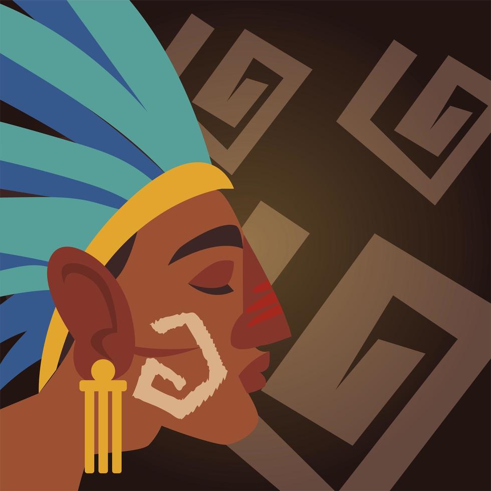 Perfil do personagem guerreiro asteca em capacete de penas vetor