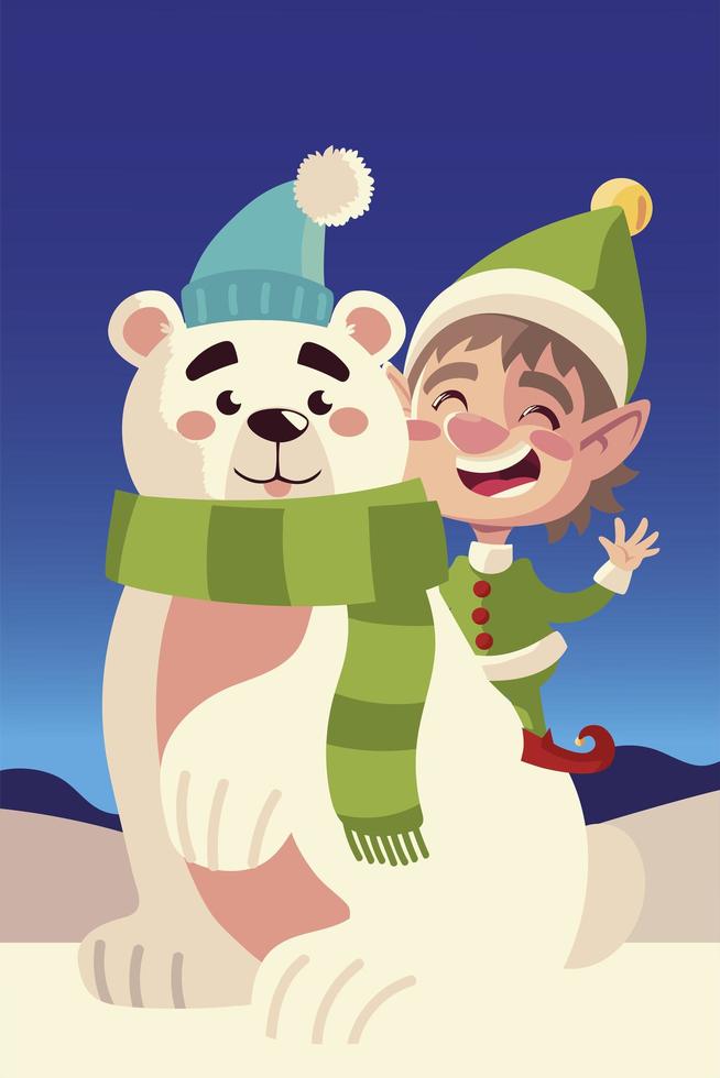 ajudante de feliz natal e urso polar cartoon cenário nevado vetor