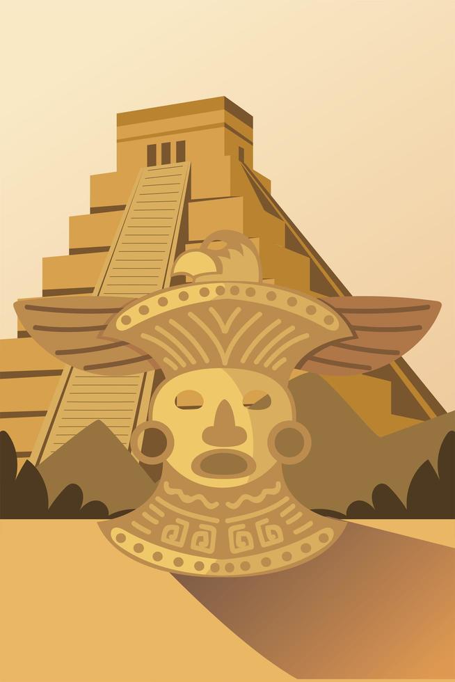 ícones de máscara dourada e pirâmide de ornamento asteca vetor