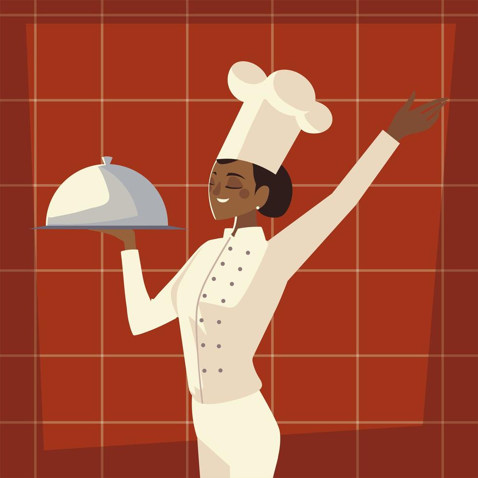 Chef feminino com serviço de prato restaurante profissional vetor