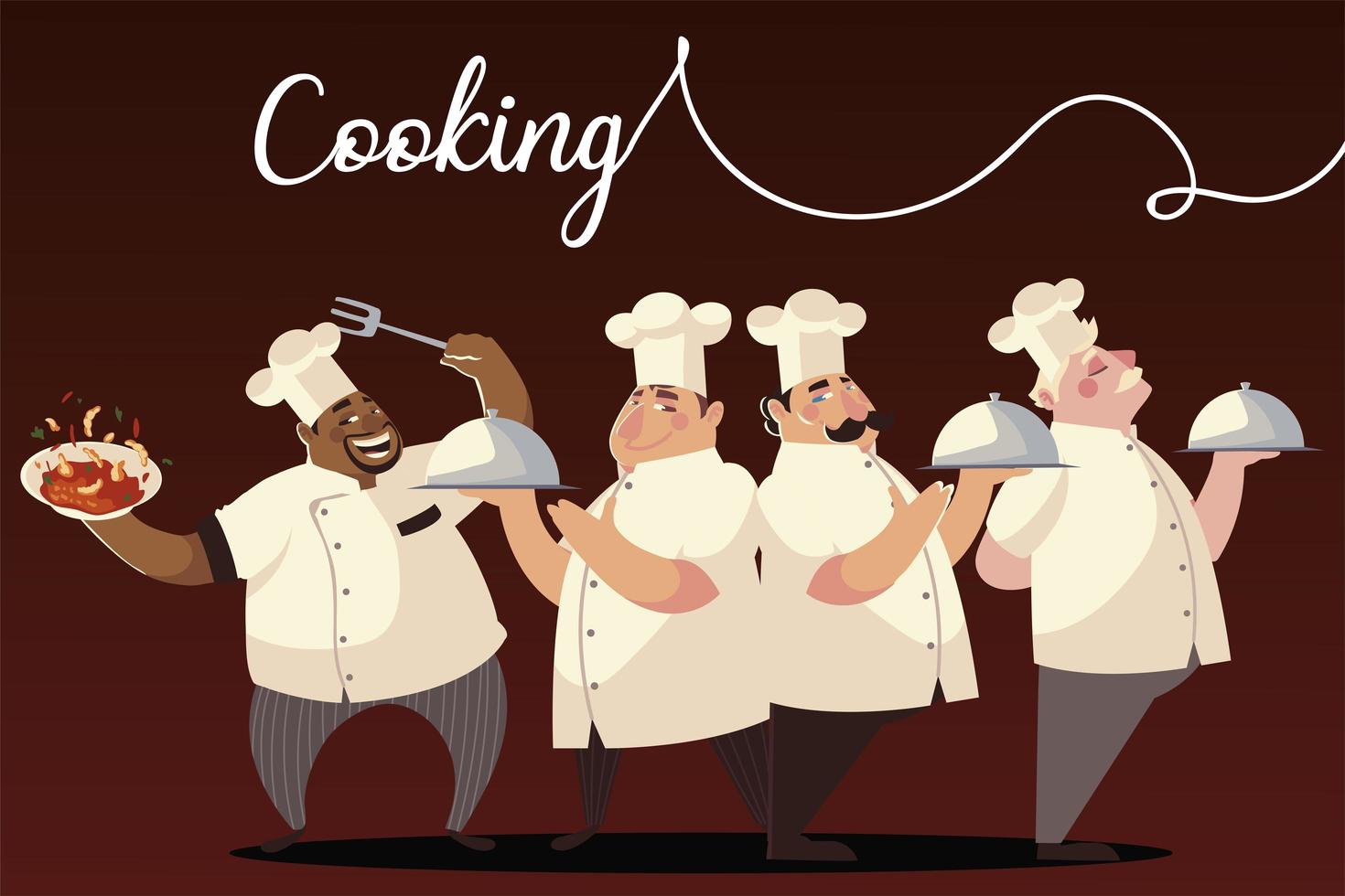 personagens de desenhos animados chef grupo cozinhar prato jantar vetor