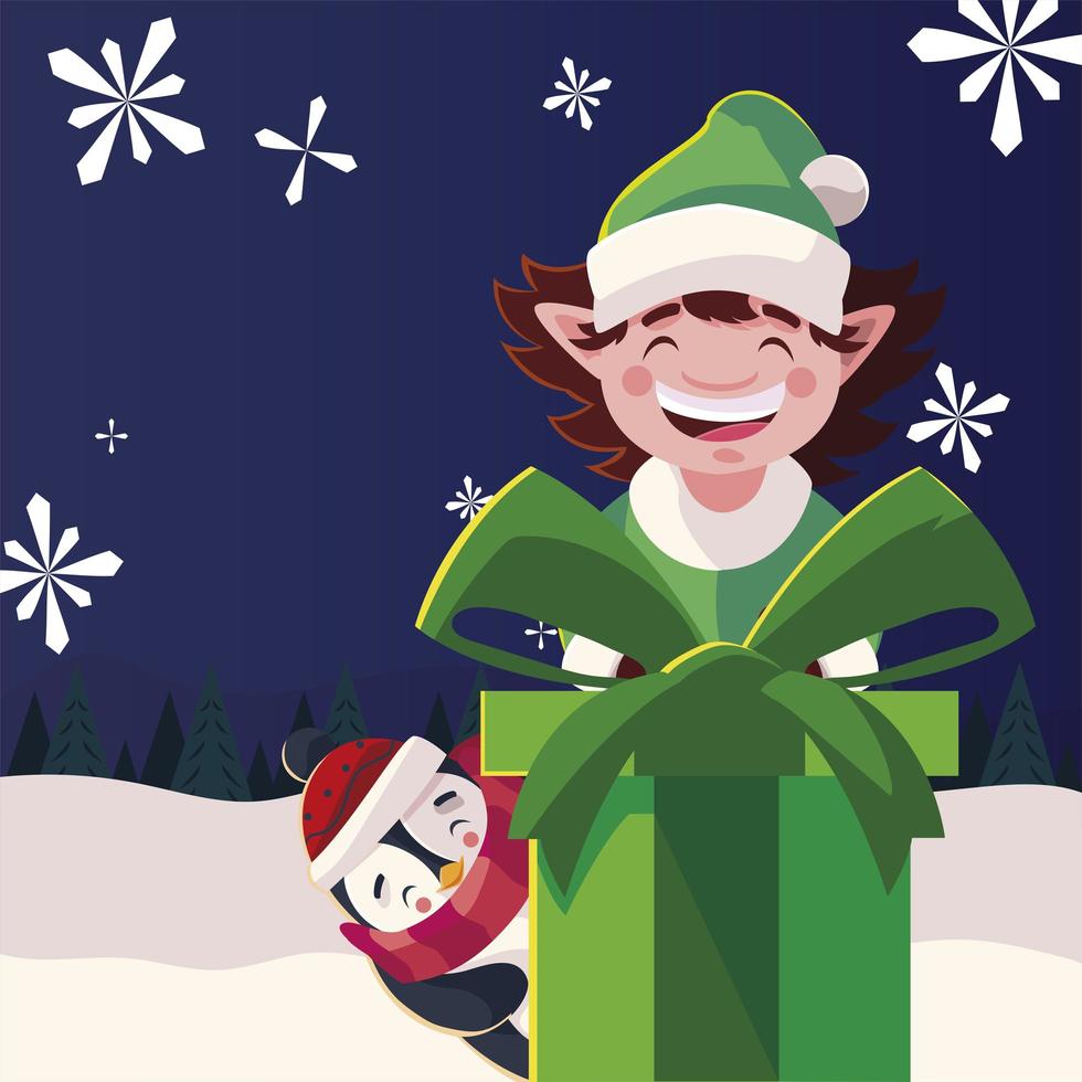 elfo de feliz natal com presente e desenho vetorial de pinguim vetor