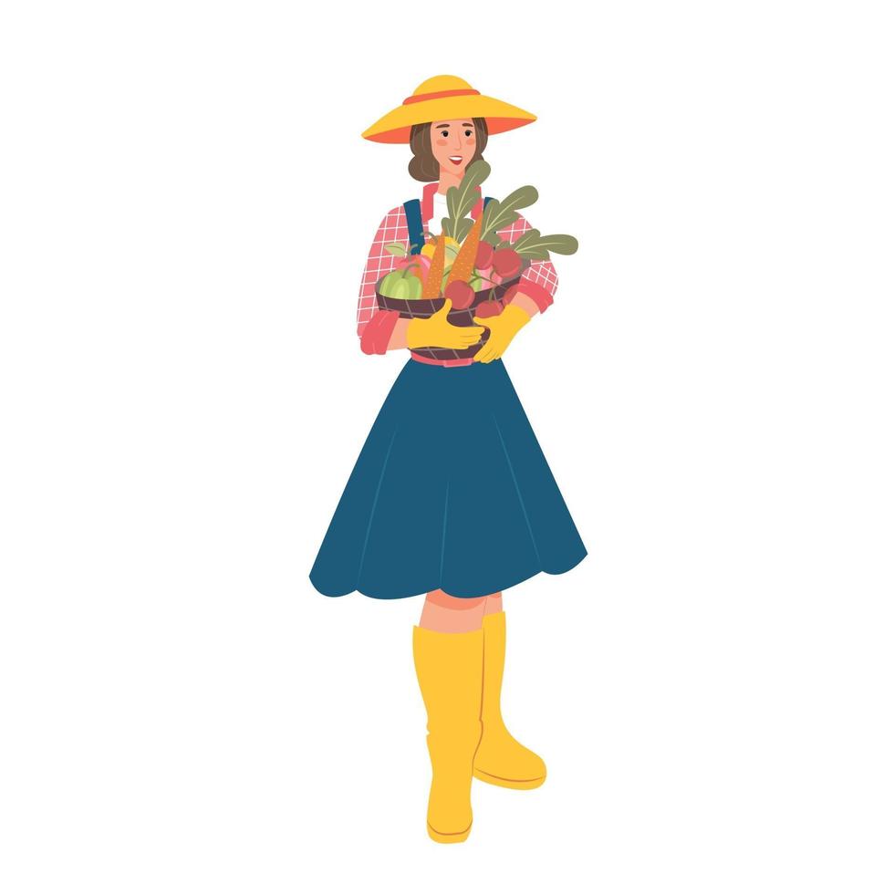 mulher agricultora com uma cesta de legumes. ilustração vetorial vetor