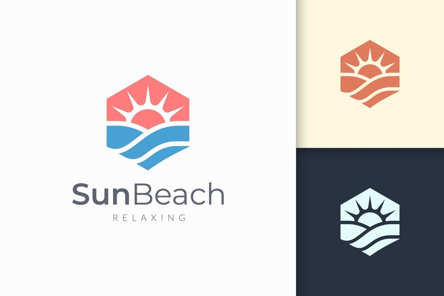 o logotipo do oceano ou do mar em ondas de água abstratas e o sol representam aventura vetor