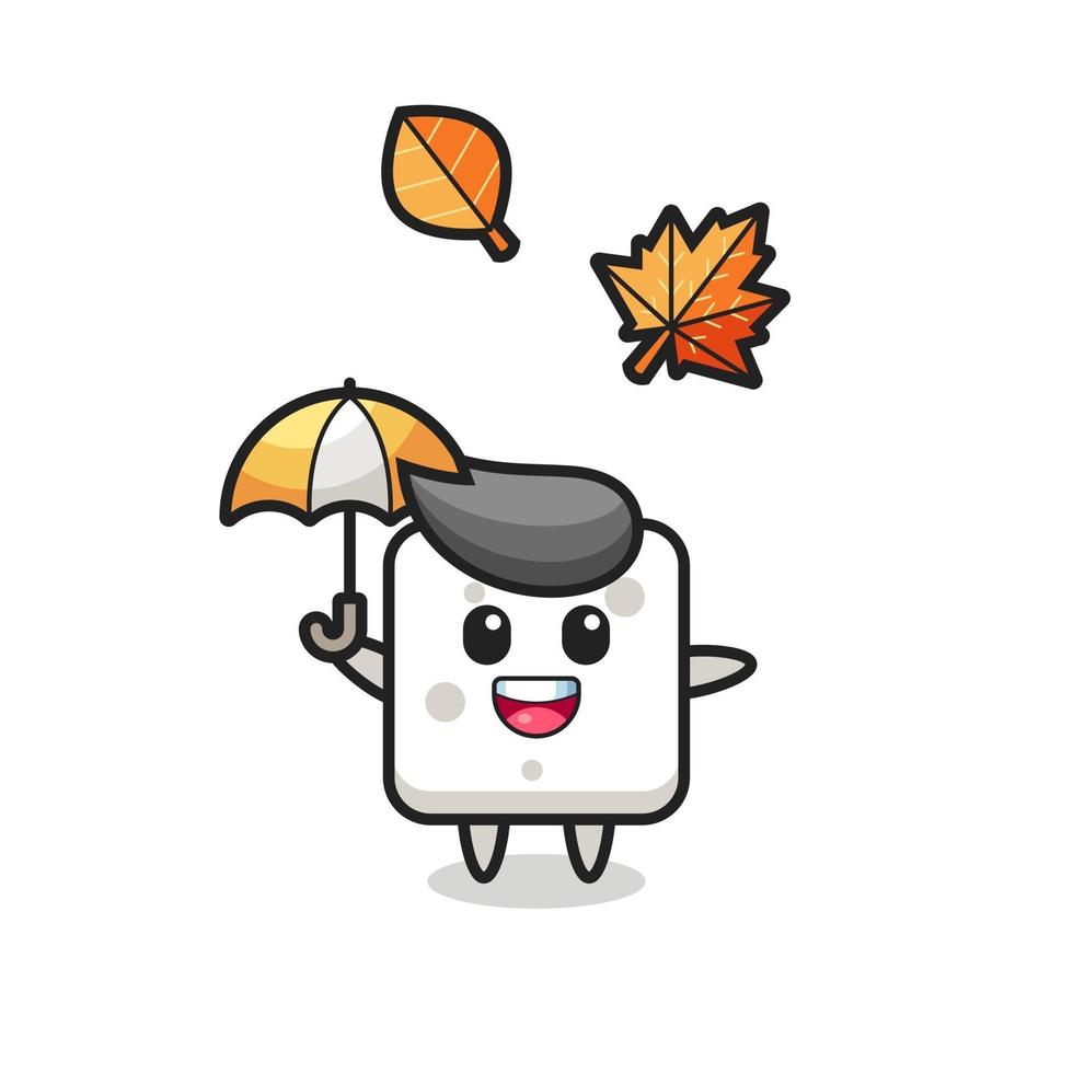 desenho animado do cubo de açúcar fofo segurando um guarda-chuva no outono vetor