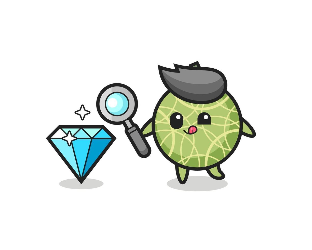 mascote da fruta melão está verificando a autenticidade de um diamante vetor