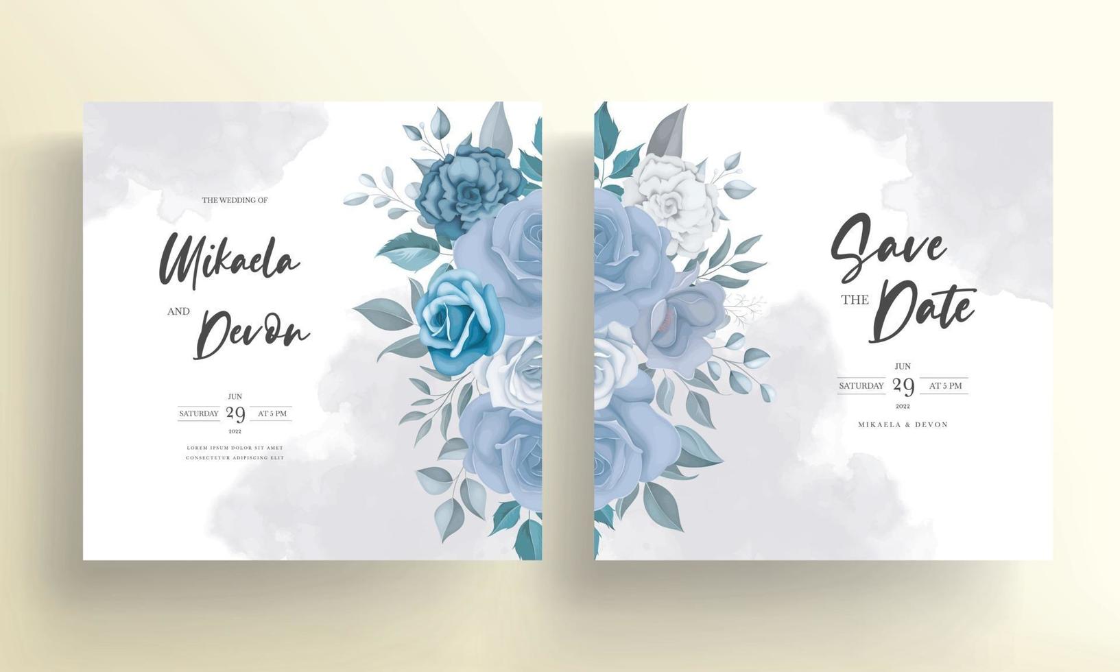 cartão de convite de casamento moderno com flores azuis vetor