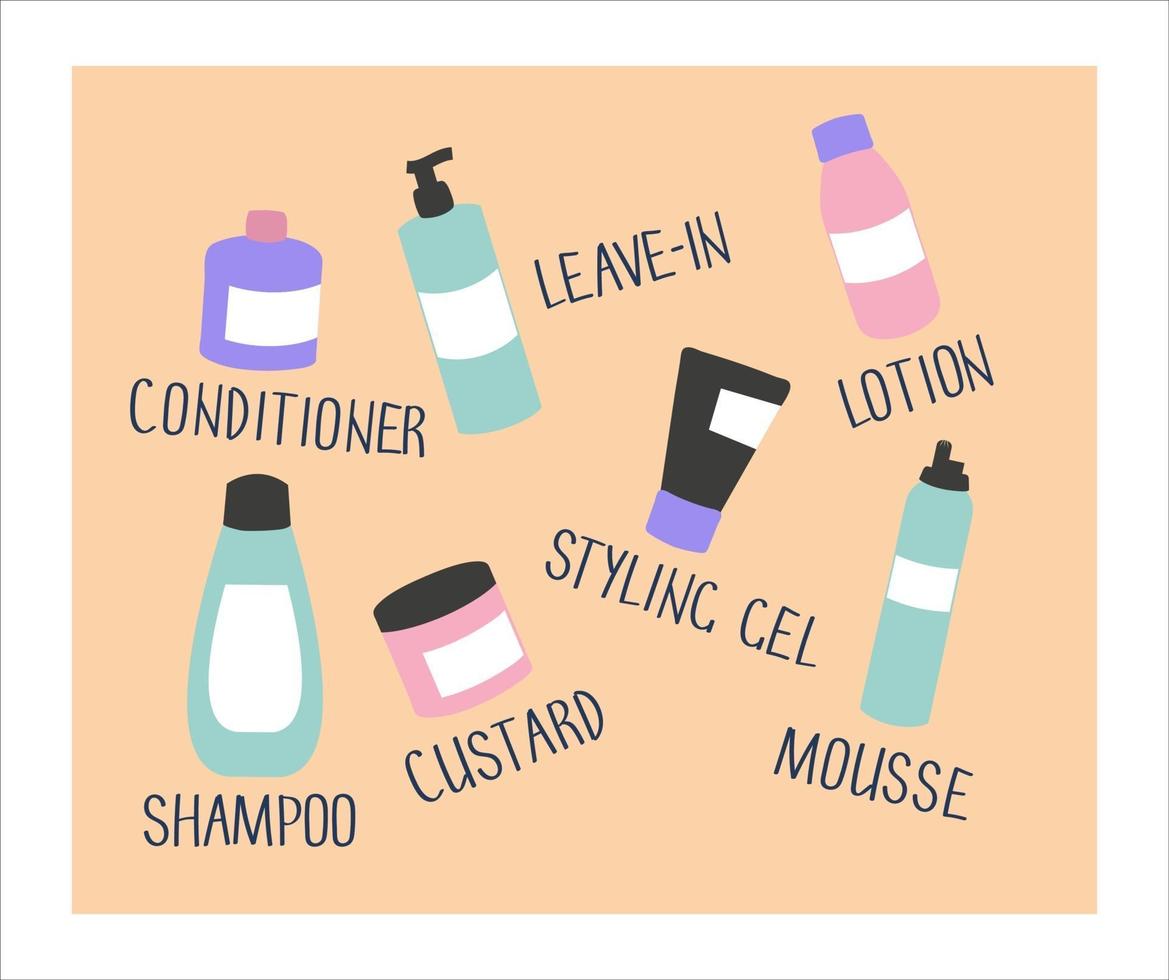 conjunto de produtos cosméticos para rotina de cabelos cacheados vetor