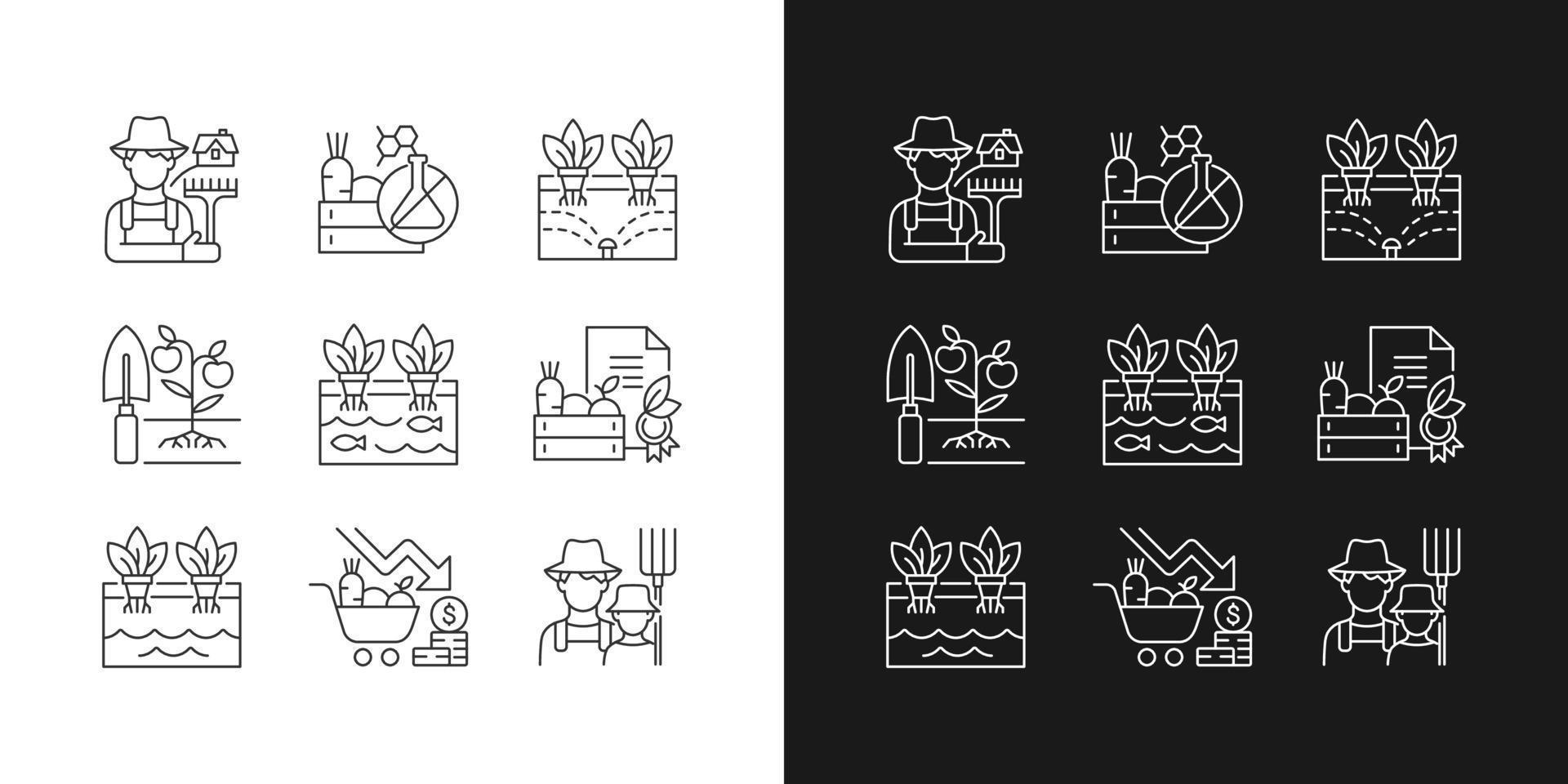 agricultura ícones lineares definidos para o modo escuro e claro vetor