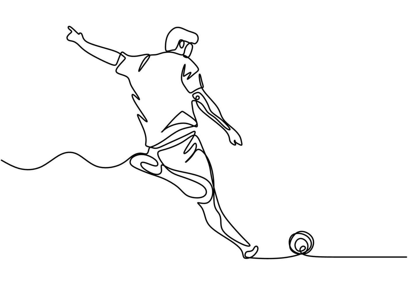 um desenho de linha do jogador de futebol chutar uma bola. homem fazendo esporte vetor