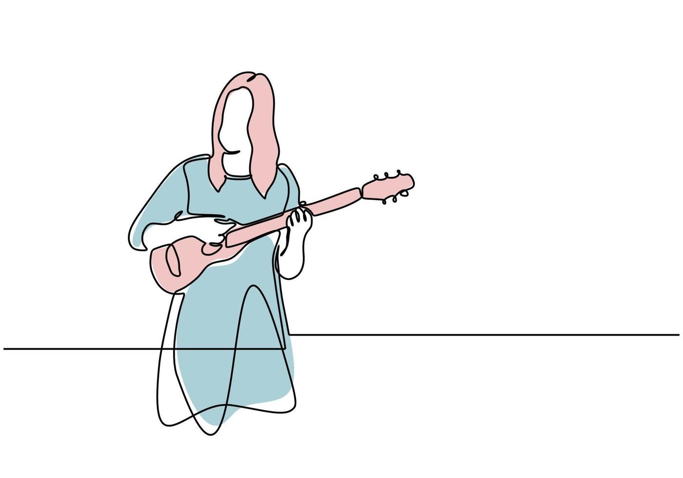 desenho de linha contínua de uma garota tocando violão ukulele vetor