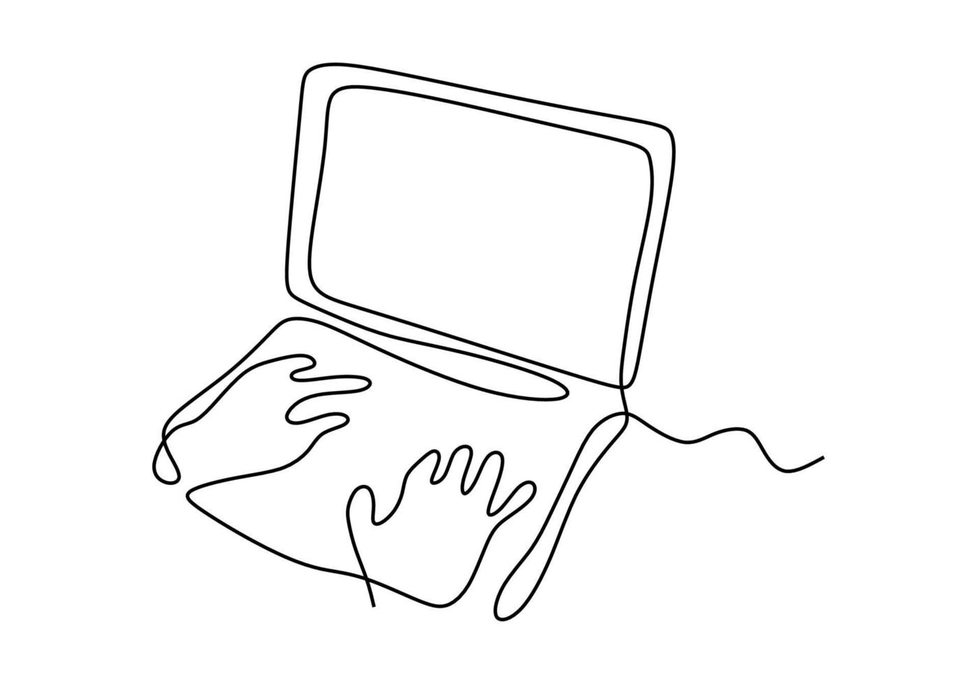 desenho de linha contínua de mãos digitando em um laptop vetor