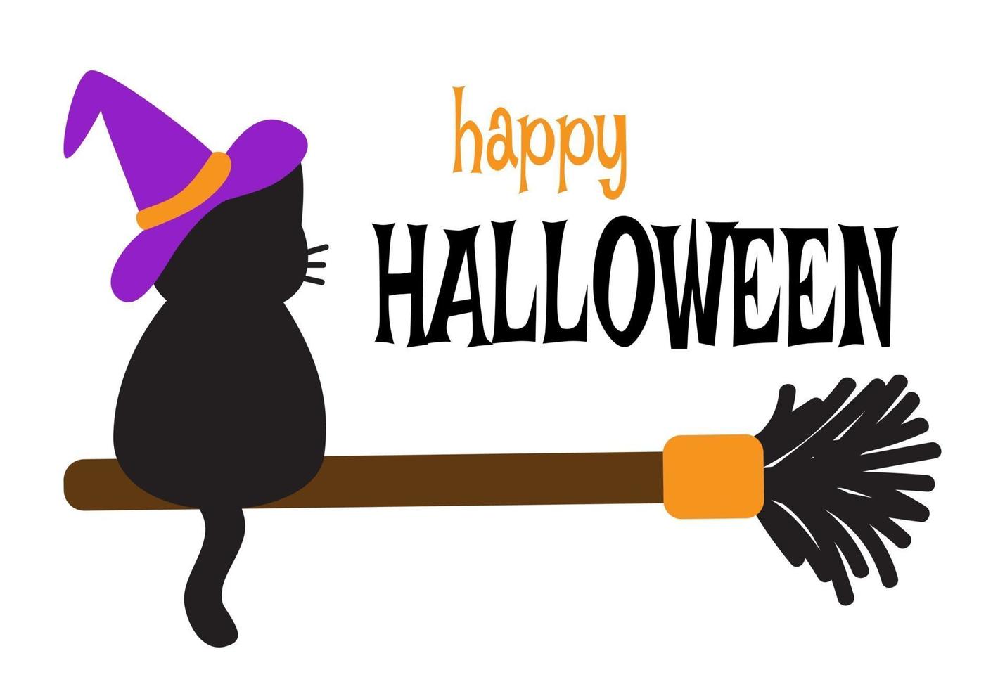 cartão de feliz dia das bruxas. gato preto engraçado com chapéu de bruxa sentado na vassoura vetor
