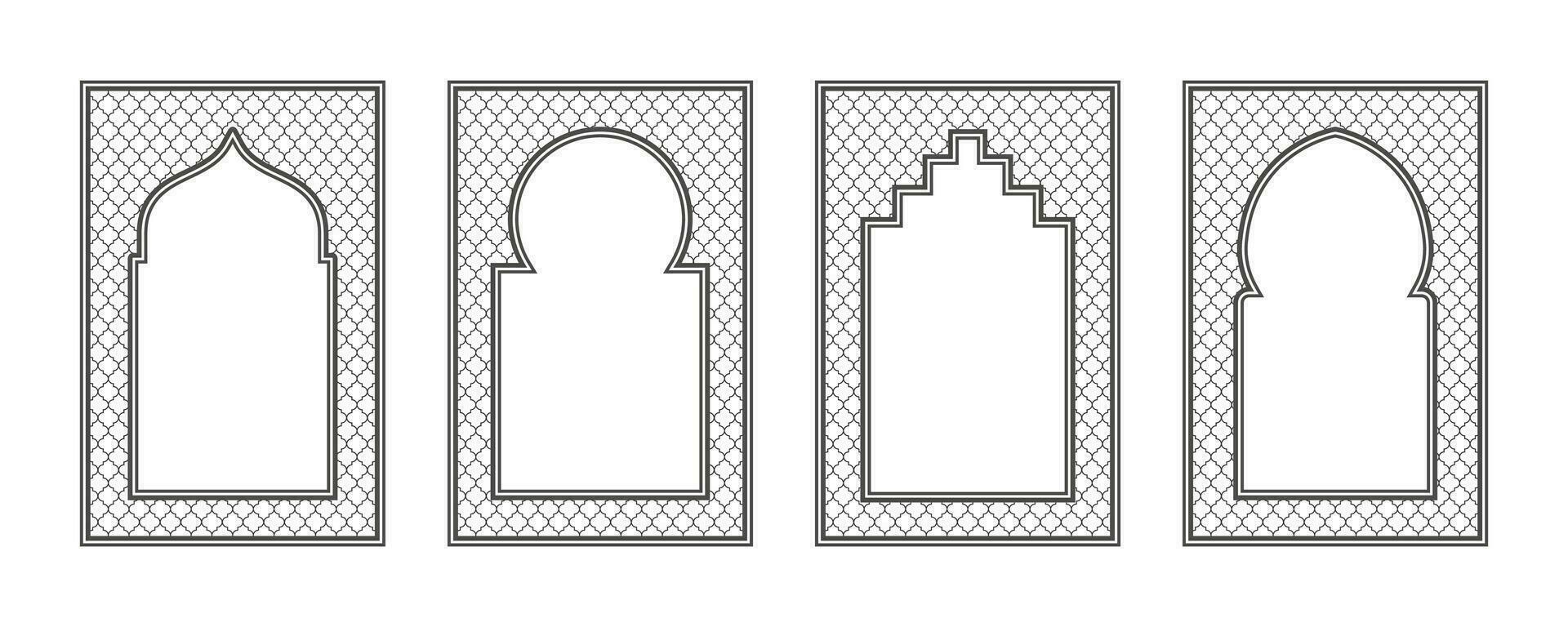 islâmico quadro, Armação com arco e ornamento. Ramadã portão em geométrico fundo para Casamento convite Projeto. vetor oriental decorações definir.