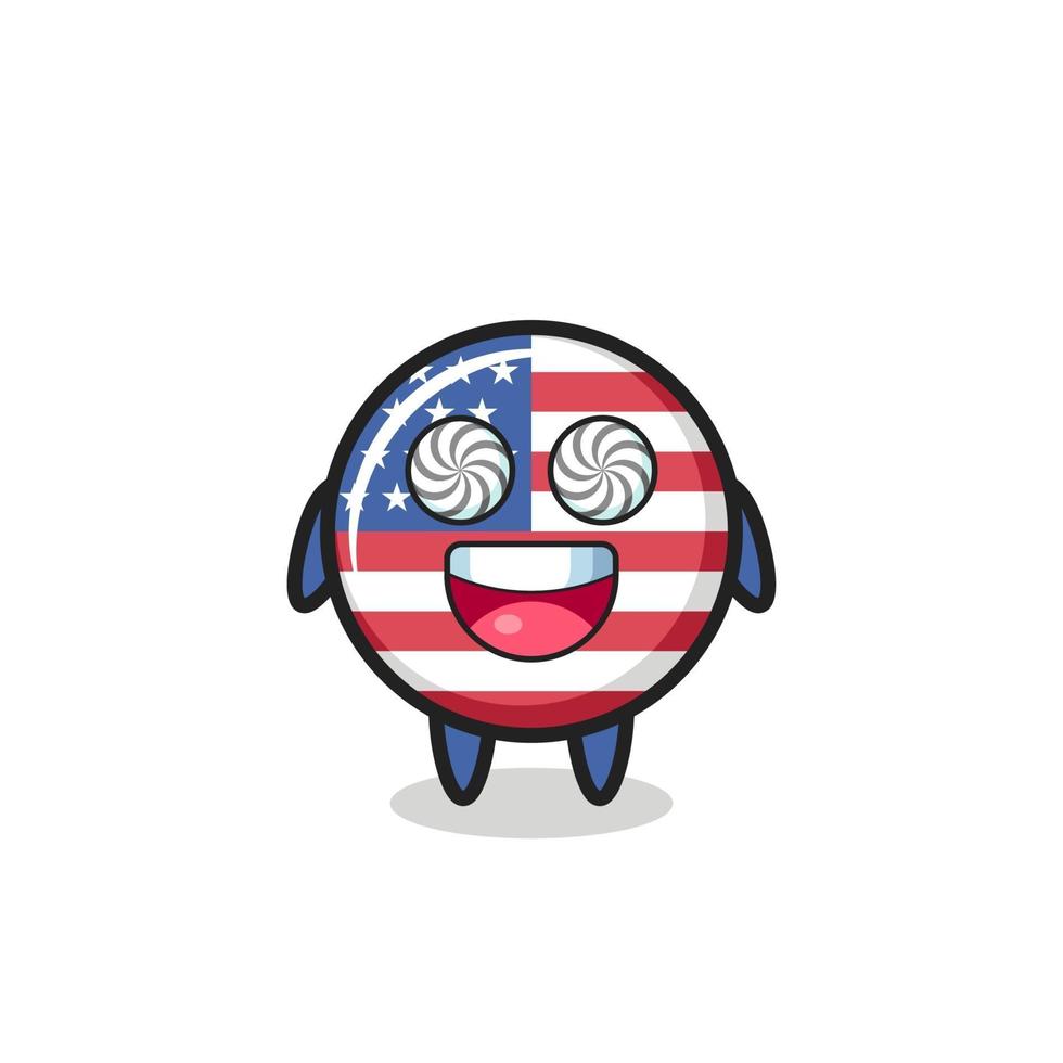 Personagem fofa do distintivo da bandeira dos estados unidos com olhos hipnotizados vetor