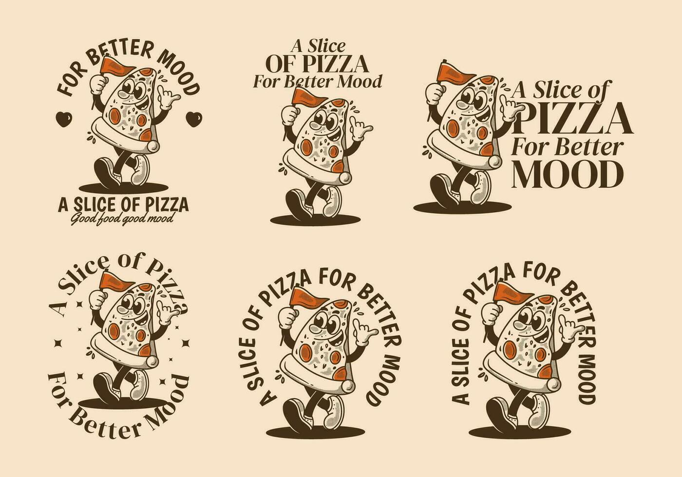 uma fatia do pizza para Melhor humor. mascote personagem ilustração do caminhando pizza, segurando uma bandeira vetor