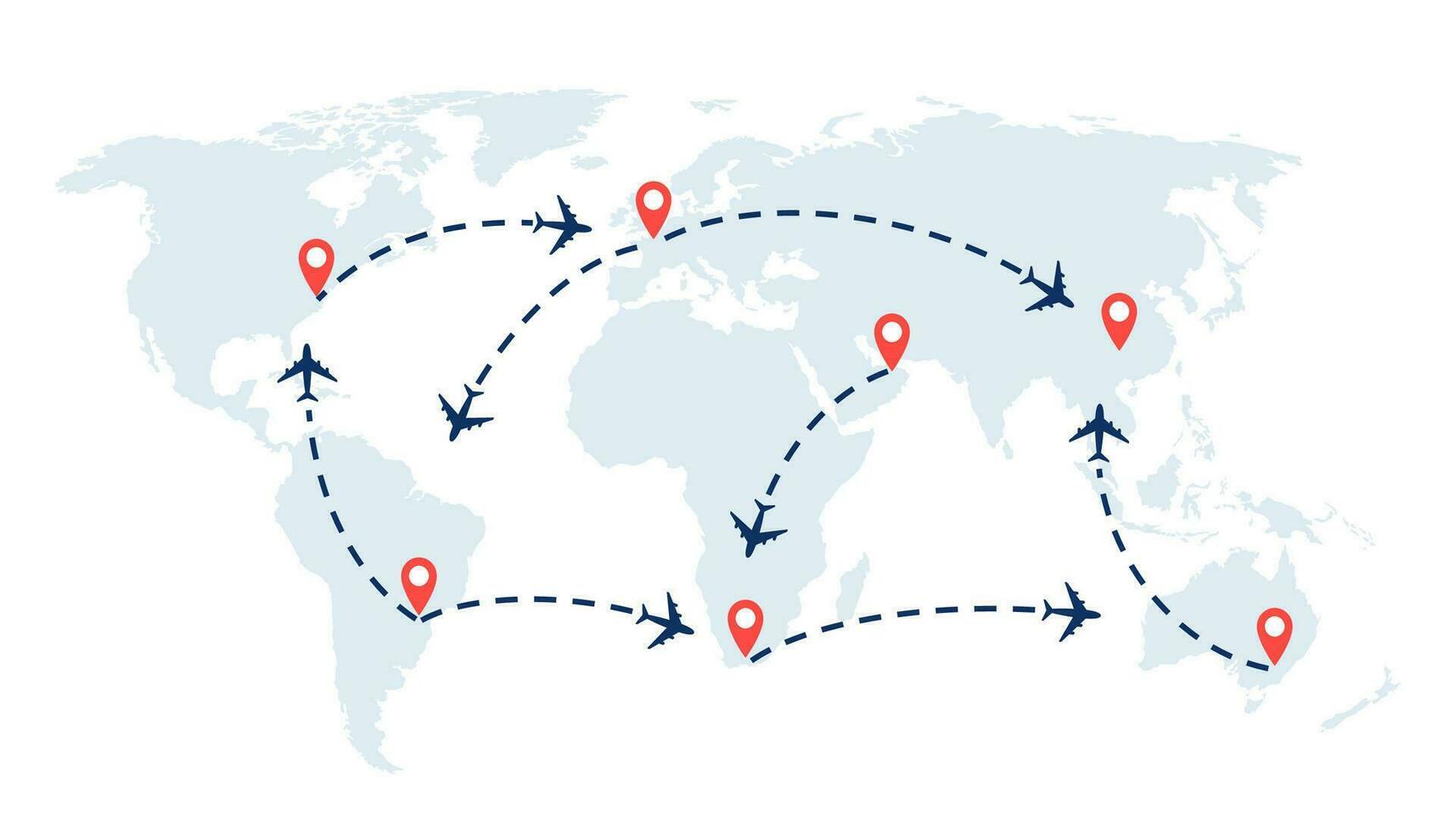 mundo viagem mapa com aviões, voar rotas e alfinetes marcador. vetor ilustração.