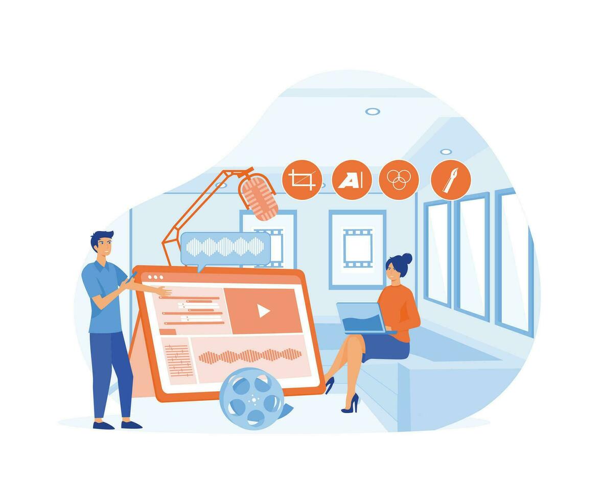 minúsculo pessoas cenas edição e fazer multimídia conteúdo Produção dentro computador portátil aplicativo. plano vetor moderno ilustração