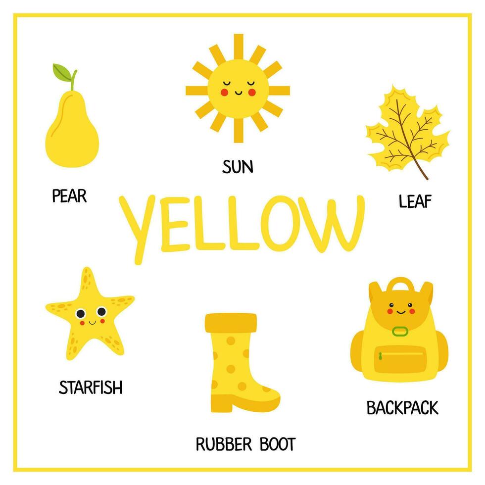 Aprendendo cores planilha para crianças. amarelo cor flash card. vetor