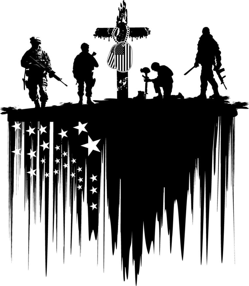 conjunto do soldado silhuetas, grunge EUA bandeira, cristão cruzar, EUA cachorro Tag vetor
